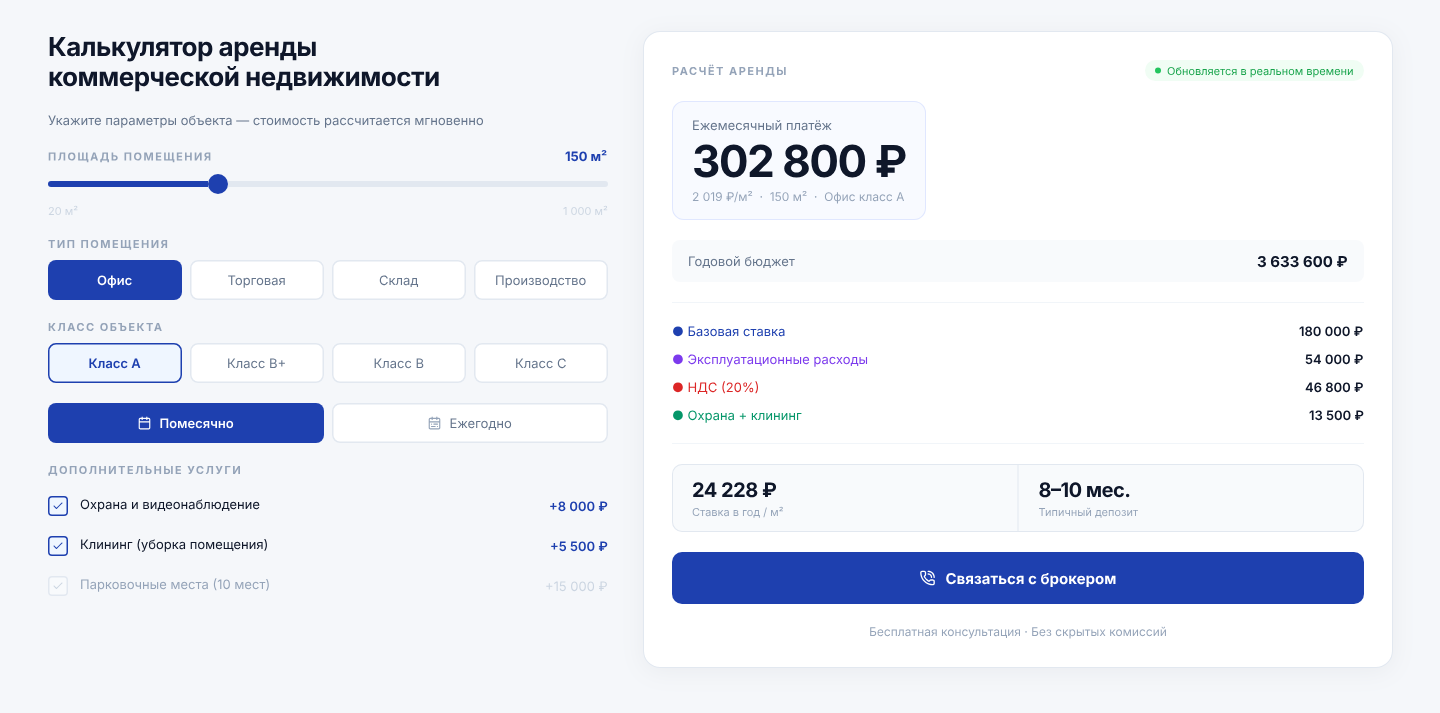 Калькулятор аренды коммерческой недвижимости — скриншот калькулятора